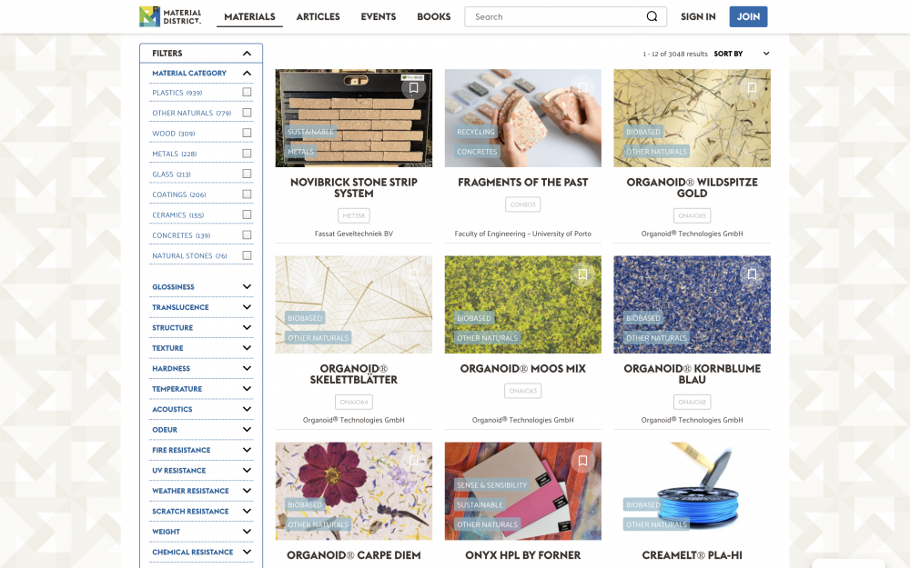 Screenshot of the material collection on Material District.