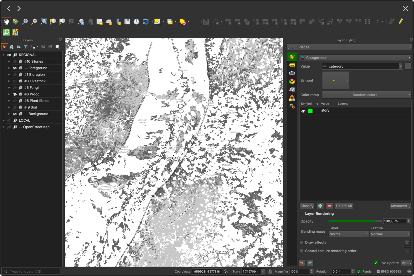 Screenshot of the open-source QGIS app showing several datasets used to create the map of trees in the local region.